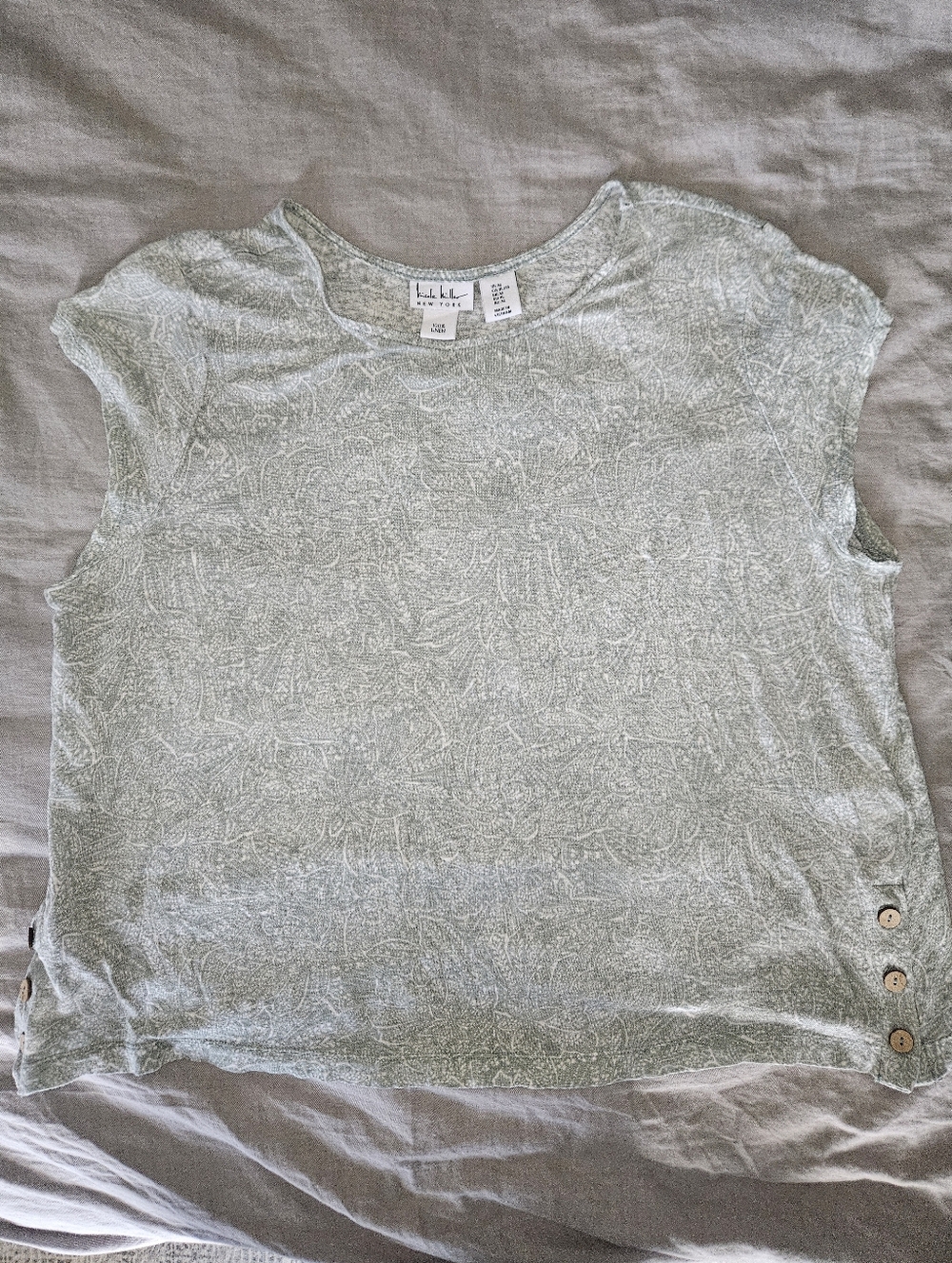 Nicole Miller 100% Linen Sage Green Printed Short Sleeve Top with Button Detail